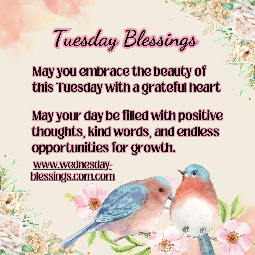 Beautiful Tuesday blessings with love birds and blooming flowers