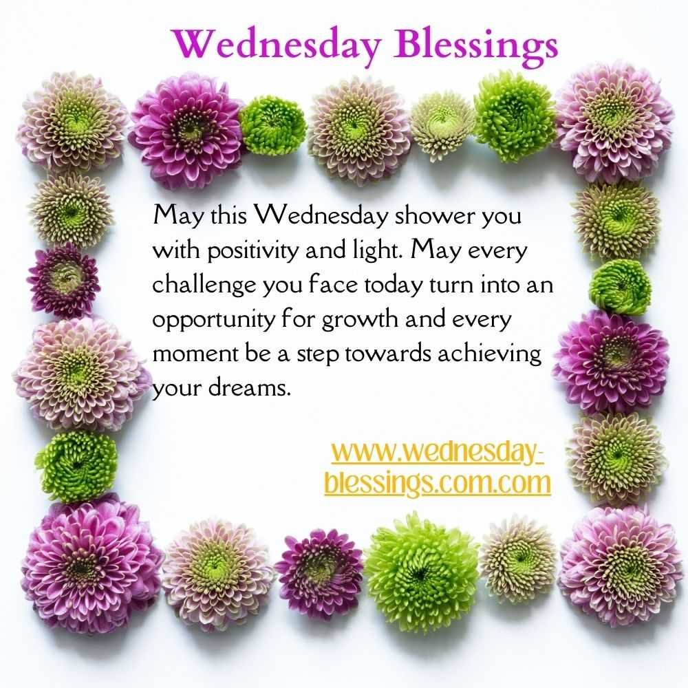 Inspirational wednesday blessing with goodluck blooming green flower and purple blessings frame